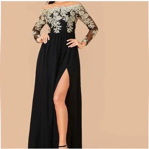 SHEIN Dresses & Skirts - Sheln Black And Gold Off The Shoulder long dress size L. Never worn